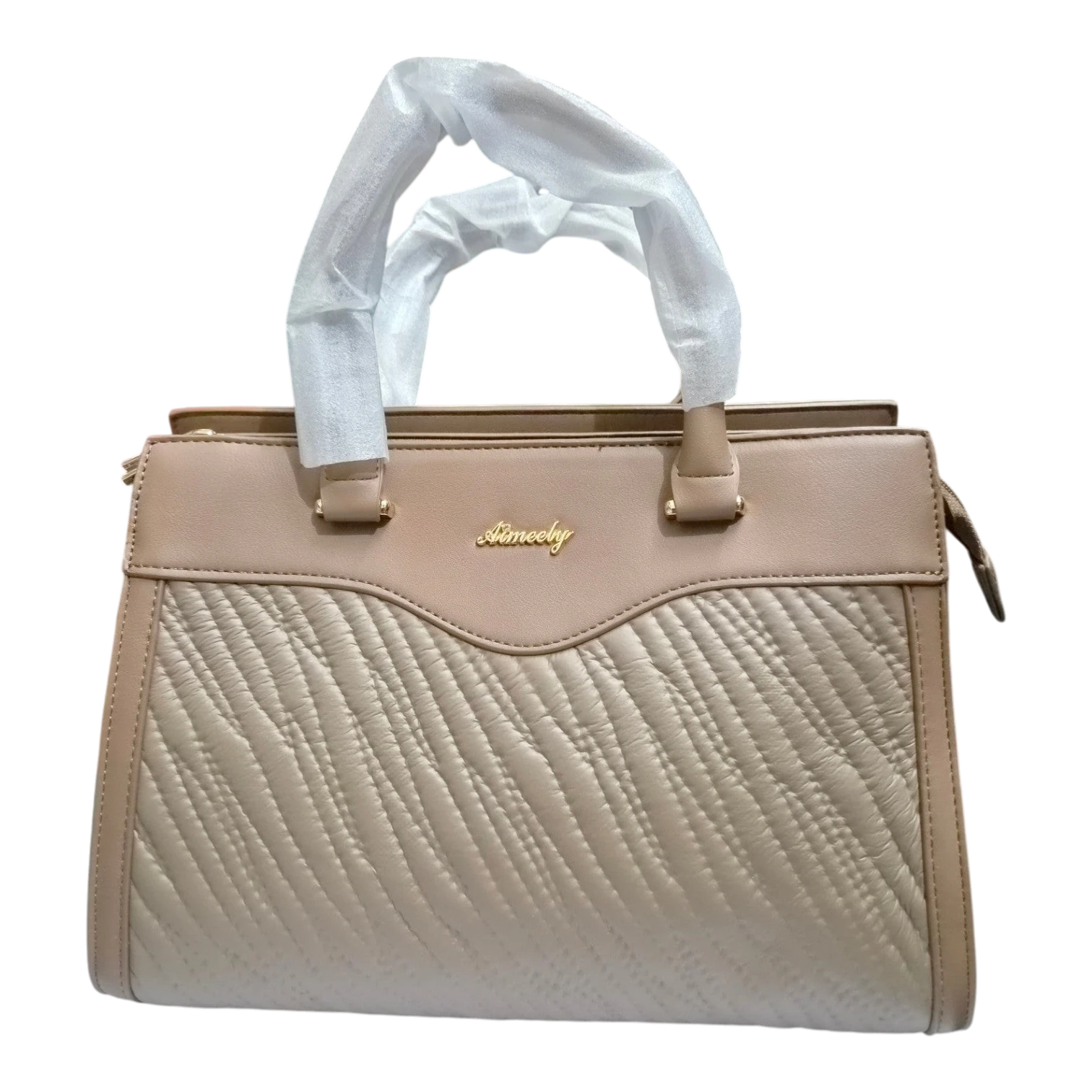 Sheonn Aimeely beige faux leather structured handbag with a quilted textured front and gold-toned hardware.