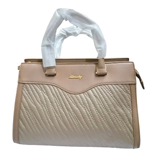 Sheonn Aimeely beige faux leather structured handbag with a quilted textured front and gold-toned hardware.