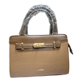 Sheonn AIMEELY structured two-tone handbag in brown with textured woven lower body and gold-tone turn-lock hardware.