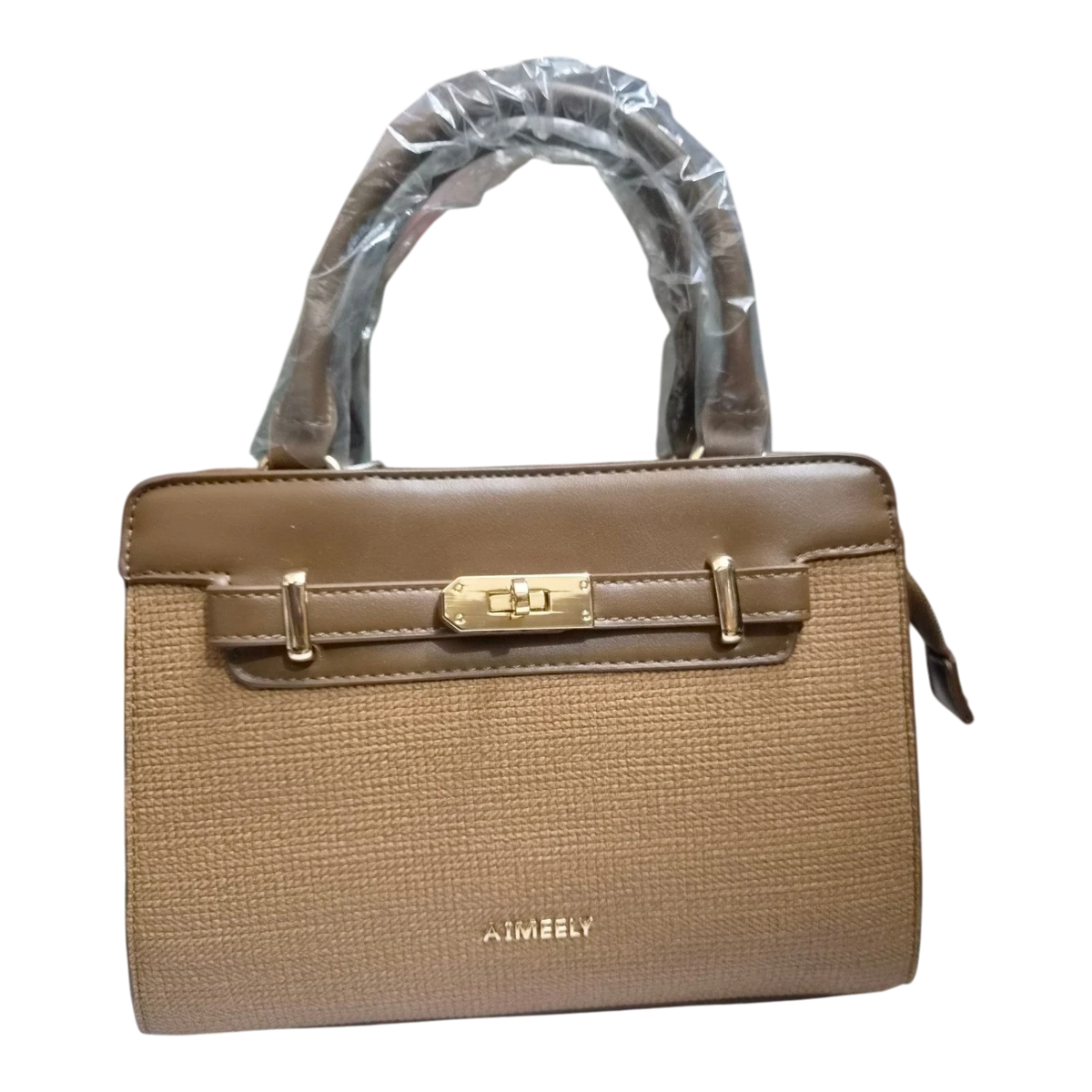 Sheonn AIMEELY structured two-tone handbag in brown with textured woven lower body and gold-tone turn-lock hardware.