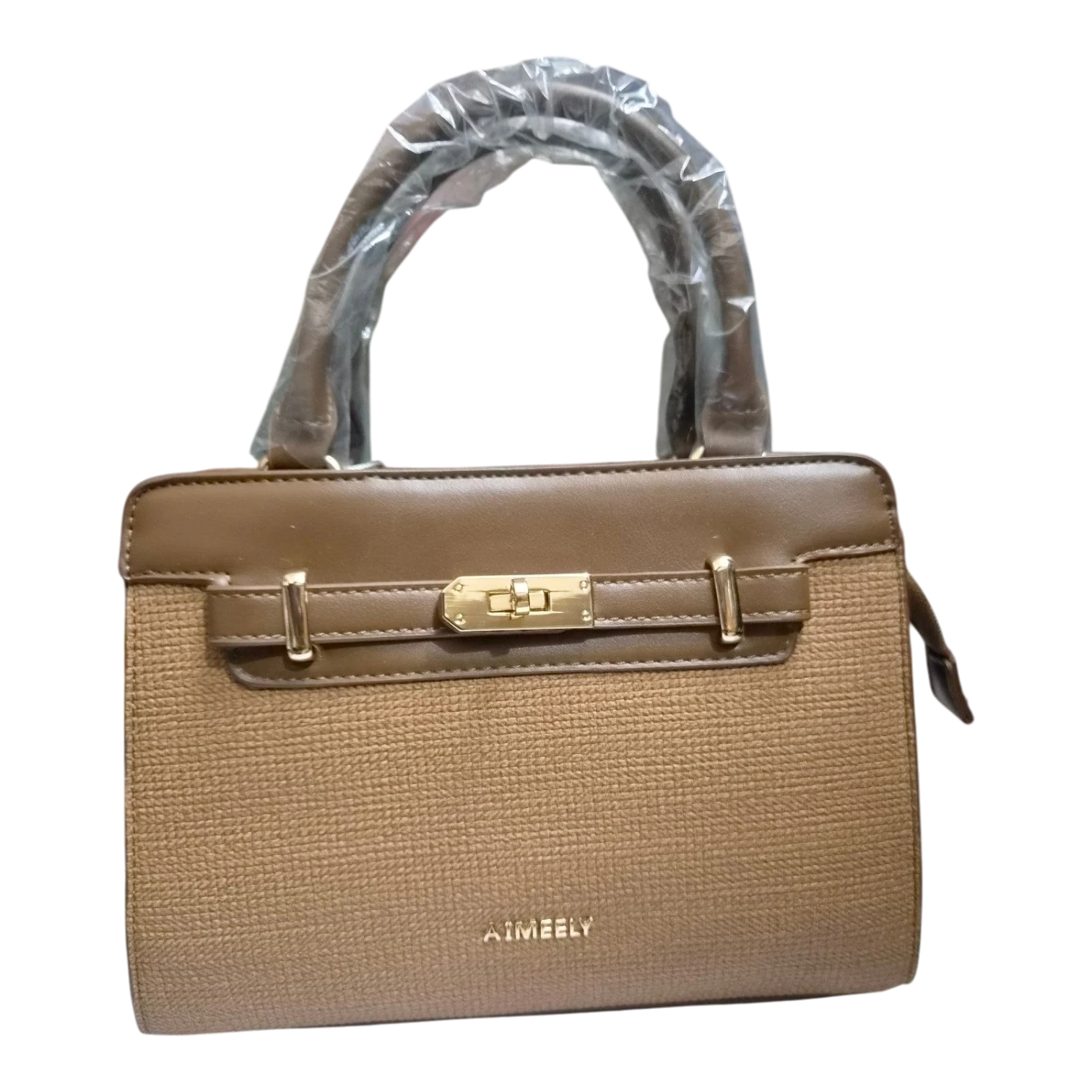 Sheonn AIMEELY structured two-tone handbag in brown with textured woven lower body and gold-tone turn-lock hardware.