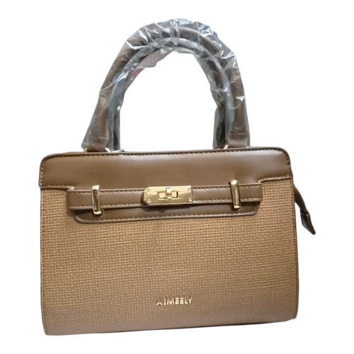 Sheonn AIMEELY structured two-tone handbag in brown with textured woven lower body and gold-tone turn-lock hardware.
