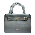Sheonn AIMEELY structured handbag in black and charcoal grey with gold turn-lock hardware and top handle.