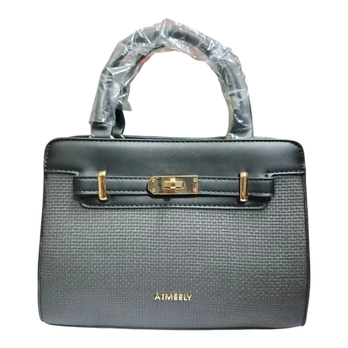 Sheonn AIMEELY structured handbag in black and charcoal grey with gold turn-lock hardware and top handle.