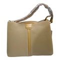Sheonn Aimeely tan faux leather shoulder bag with a structured minimalist design and vertical center panel detail.
