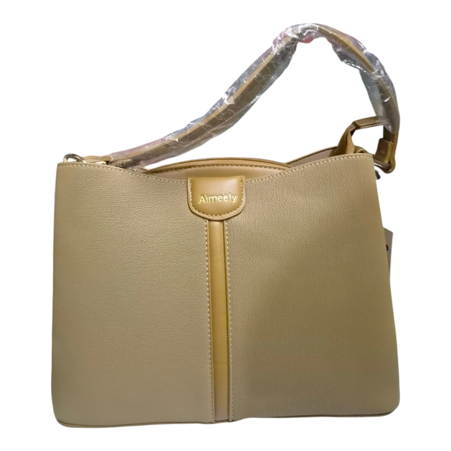 Sheonn Aimeely tan faux leather shoulder bag with a structured minimalist design and vertical center panel detail.