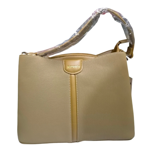 Sheonn Aimeely tan faux leather shoulder bag with a structured minimalist design and vertical center panel detail.