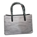 Sheonn Ameely structured grey herringbone tote bag with black top handles and minimalist logo detail.