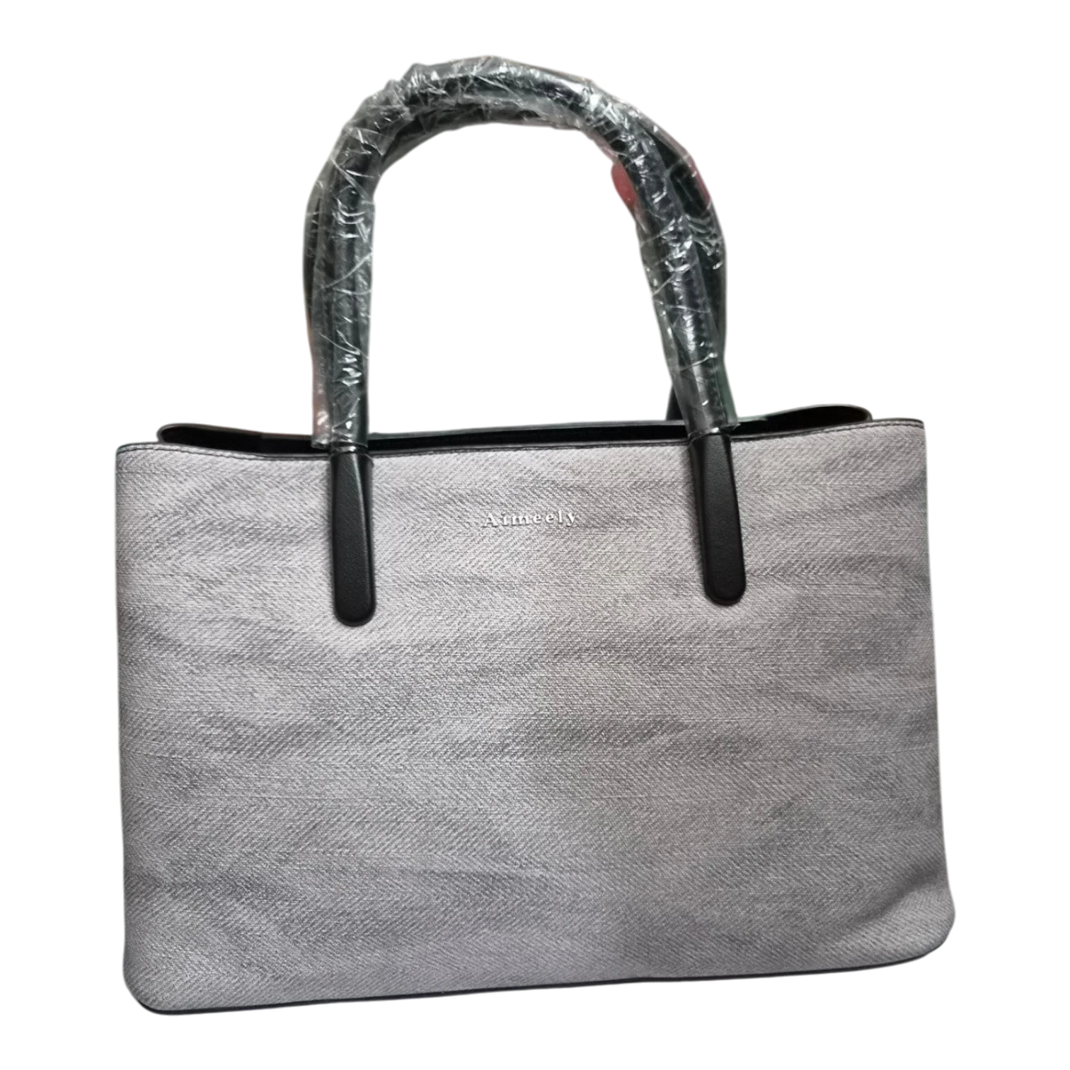 Sheonn Ameely structured grey herringbone tote bag with black top handles and minimalist logo detail.