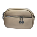 Sheonn beige pebble-textured faux leather crossbody bag with silver clover zipper pulls and a compact design.