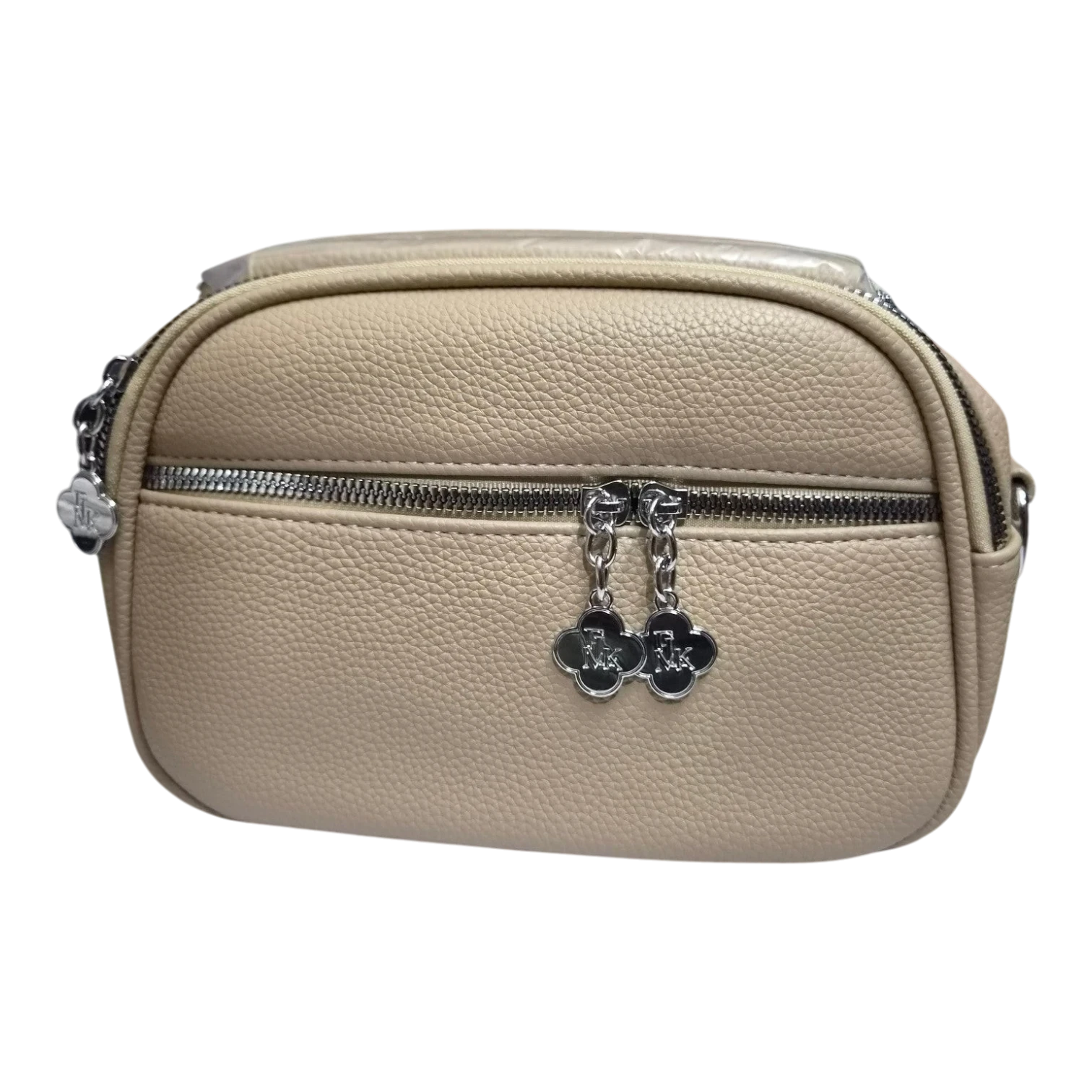 Sheonn beige pebble-textured faux leather crossbody bag with silver clover zipper pulls and a compact design.