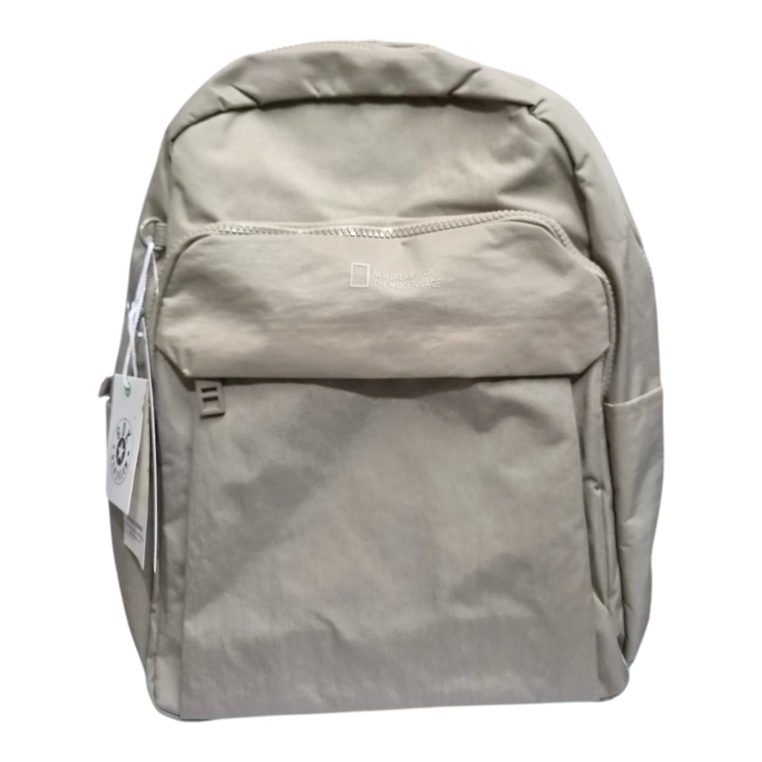 Sheonn minimalist beige lightweight travel backpack with front zippered pocket and durable synthetic fabric.