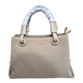 Sheonn beige structured handbag with a unique gathered handle design and gold-tone branding in synthetic leather.