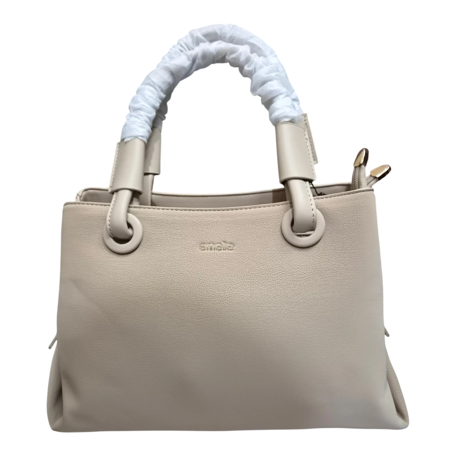 Sheonn beige structured handbag with a unique gathered handle design and gold-tone branding in synthetic leather.