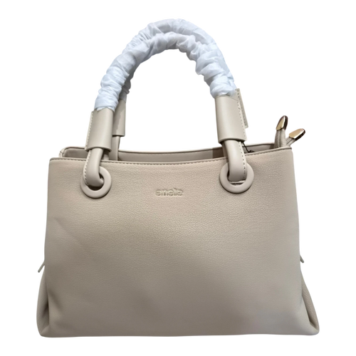 Sheonn beige structured handbag with a unique gathered handle design and gold-tone branding in synthetic leather.