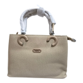 Sheonn beige structured handbag with textured finish, circular handle accents, and TLYU logo plate.