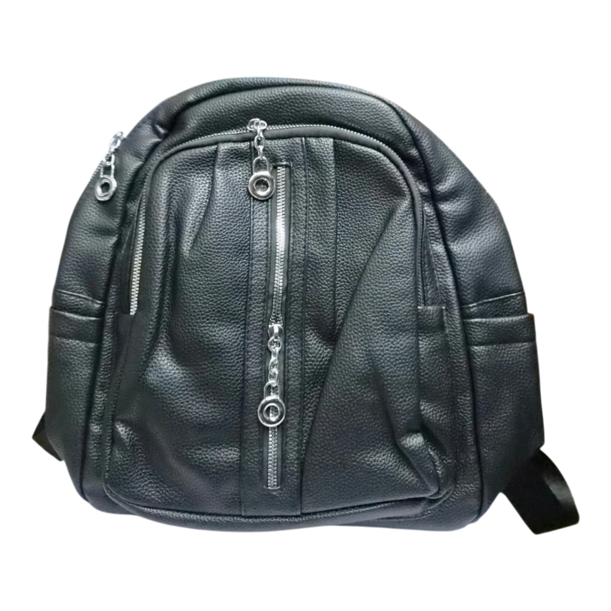Sheonn black pebbled faux leather casual backpack with silver-tone zipper hardware and adjustable straps.