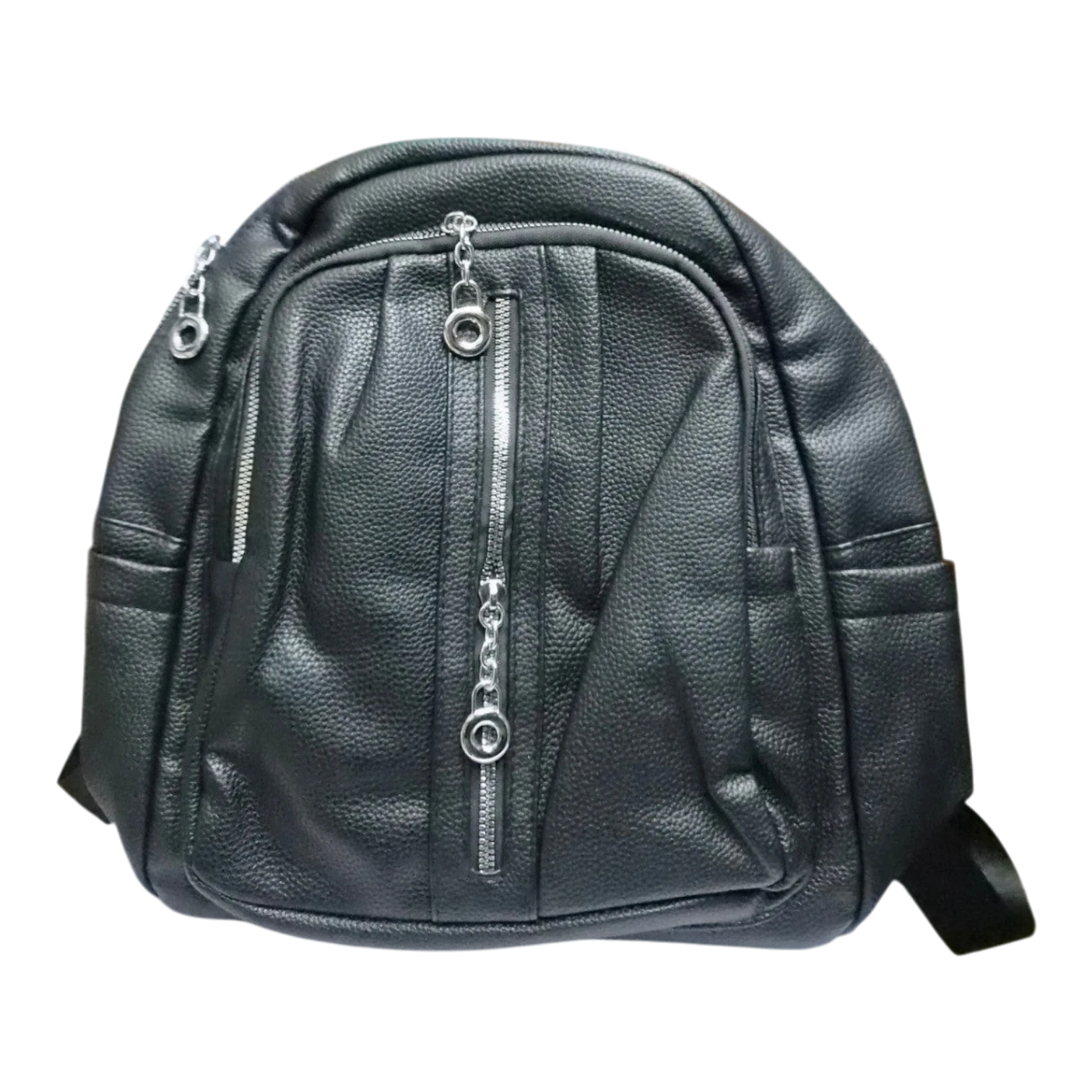Sheonn black pebbled faux leather casual backpack with silver-tone zipper hardware and adjustable straps.