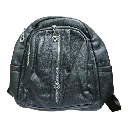 Sheonn black pebbled faux leather casual backpack with silver-tone zipper hardware and adjustable straps.