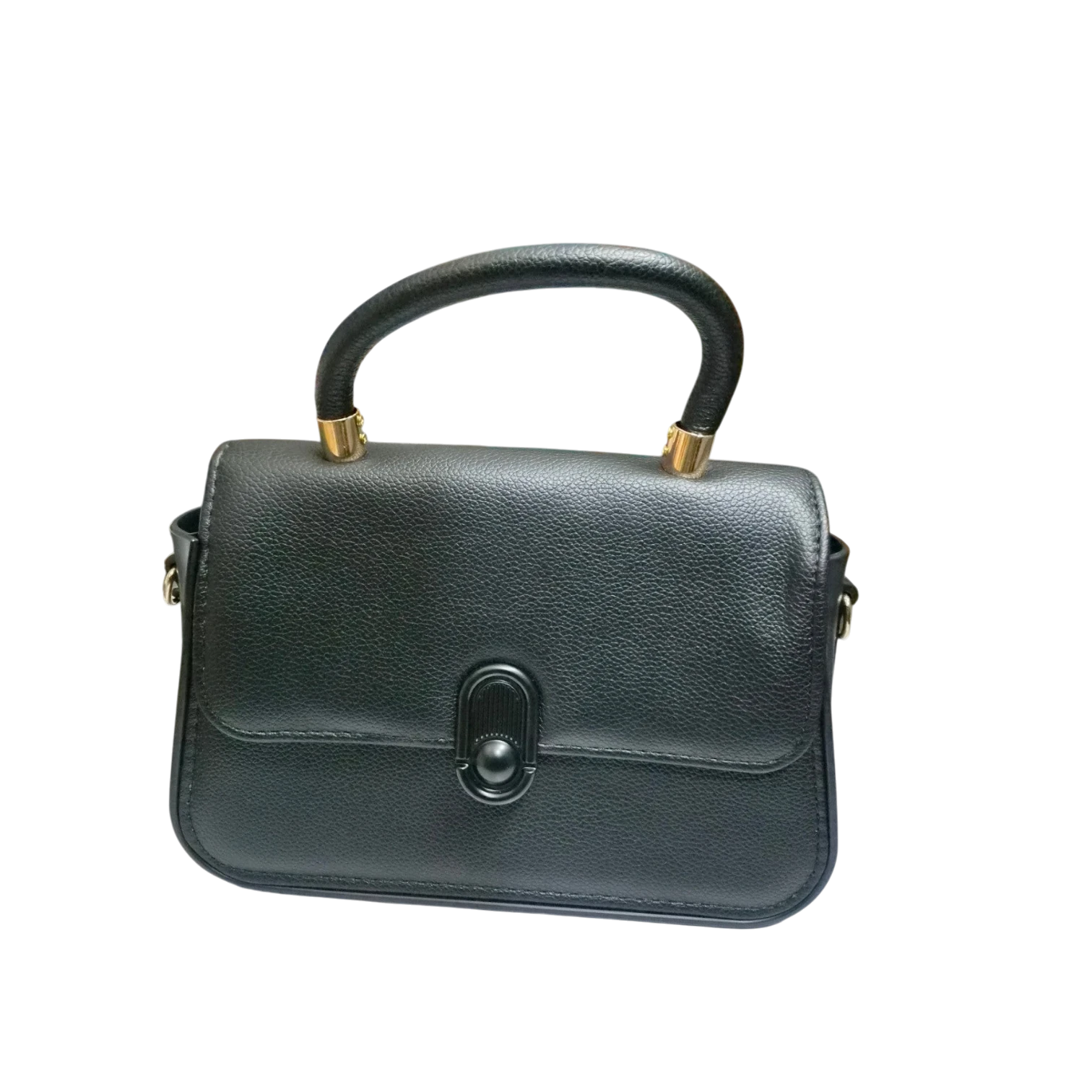 Sheonn black textured faux leather structured top handle handbag with gold hardware and a minimalist central clasp.