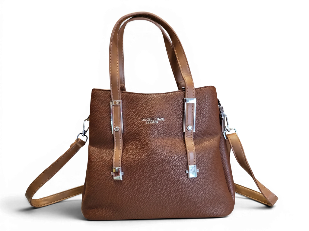 Sheonn brown faux leather tote handbag with pebbled texture, silver hardware, and dual carry handles.