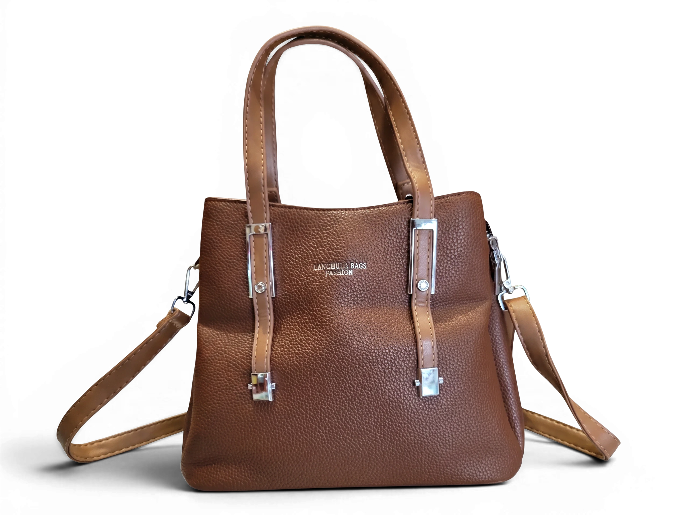 Sheonn brown faux leather tote handbag with pebbled texture, silver hardware, and dual carry handles.
