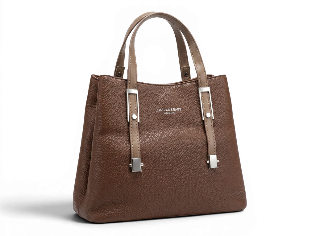 Sheonn brown faux leather tote handbag with pebbled texture, silver hardware accents, and sturdy top handles.