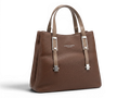 Sheonn brown faux leather tote handbag with pebbled texture, silver hardware accents, and sturdy top handles.