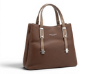 Sheonn brown faux leather tote handbag with pebbled texture, silver hardware accents, and sturdy top handles.