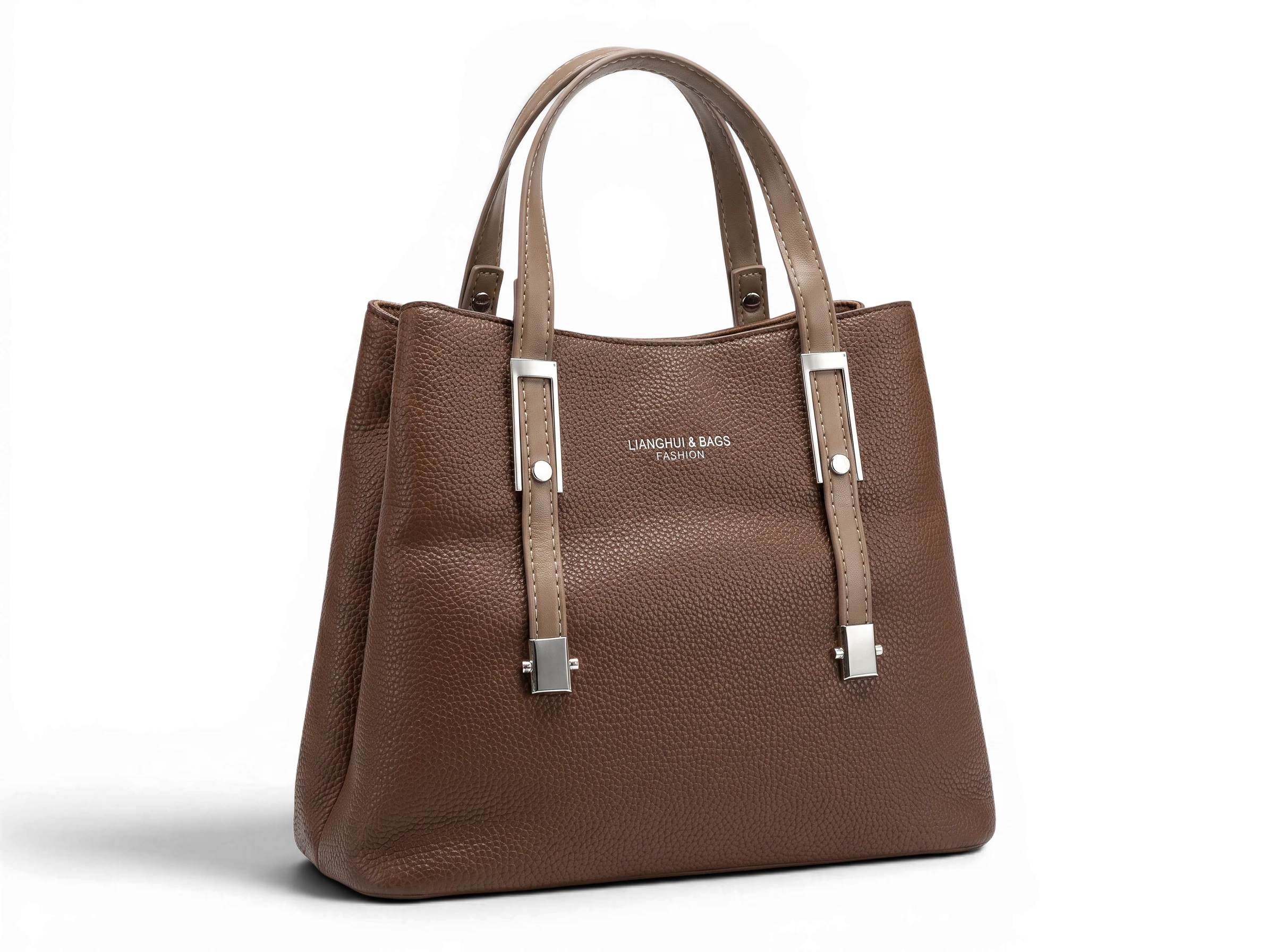 Sheonn brown faux leather tote handbag with pebbled texture, silver hardware accents, and sturdy top handles.