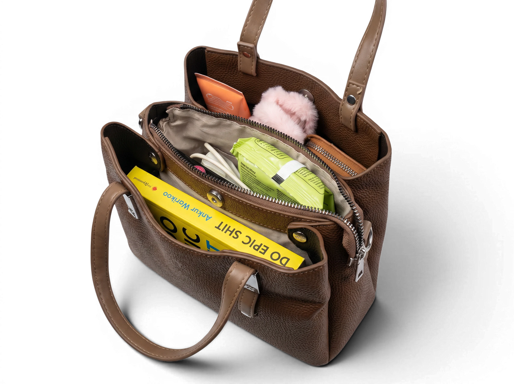Sheonn brown faux leather tote bag with pebbled texture, featuring a zippered central compartment and open pockets.