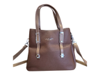 Sheonn brown faux leather structured tote handbag with pebbled texture, silver hardware, and dual carrying handles.