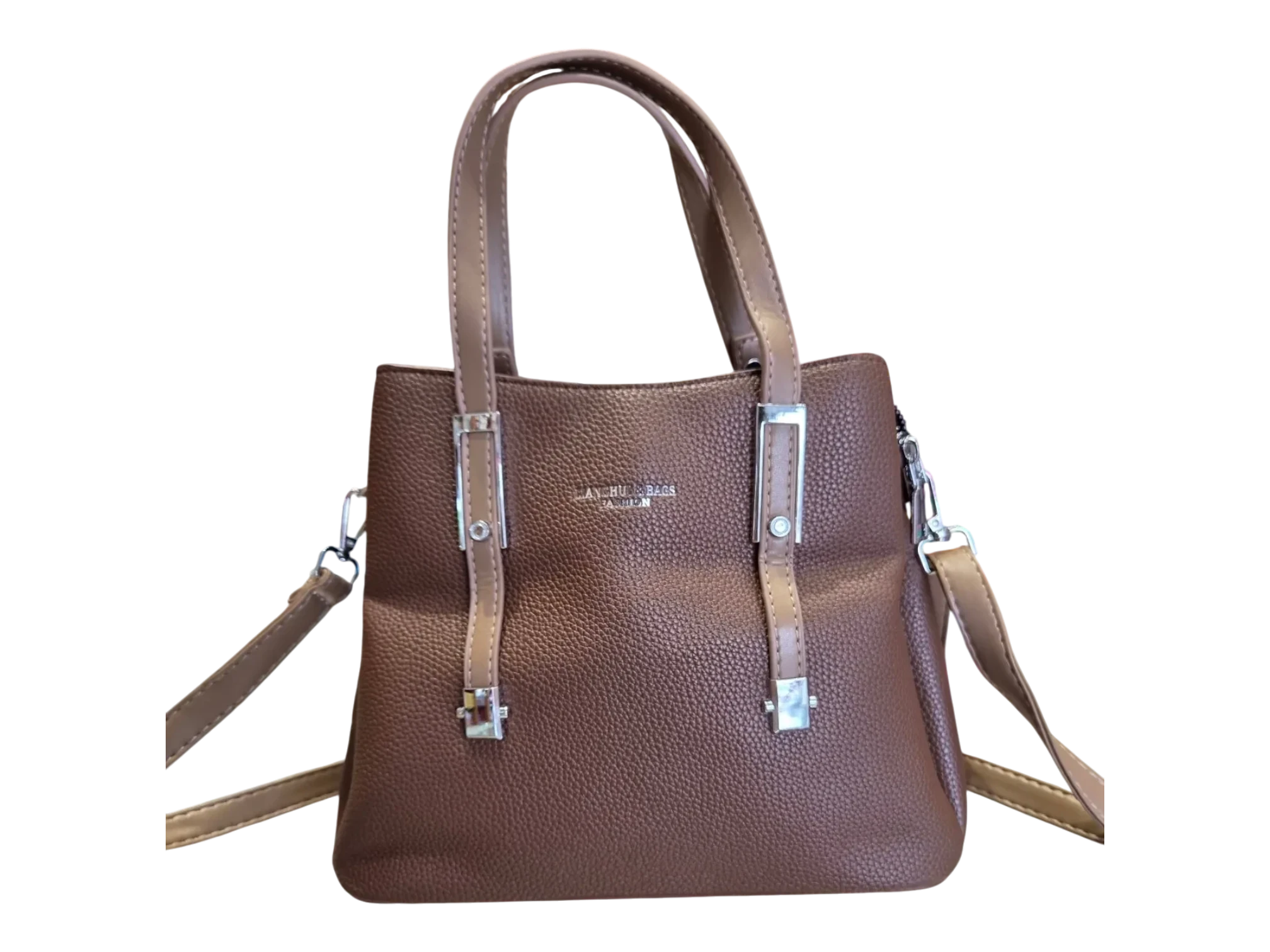 Sheonn brown faux leather structured tote handbag with pebbled texture, silver hardware, and dual carrying handles.
