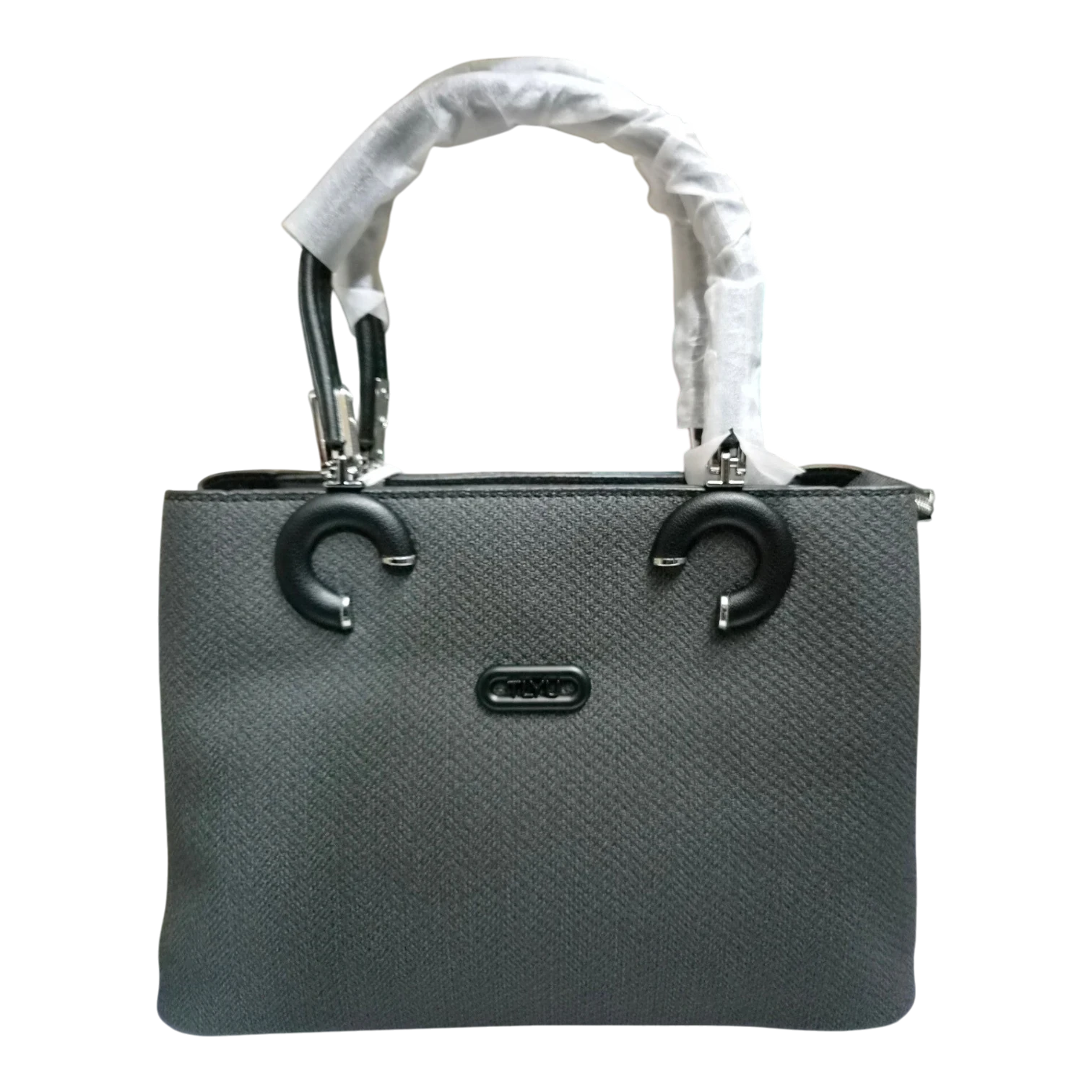 Sheonn charcoal grey structured top handle handbag with a textured finish and minimalist design.
