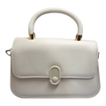 Sheonn cream pebbled faux leather structured top handle handbag with gold-tone hardware and modern clasp closure.