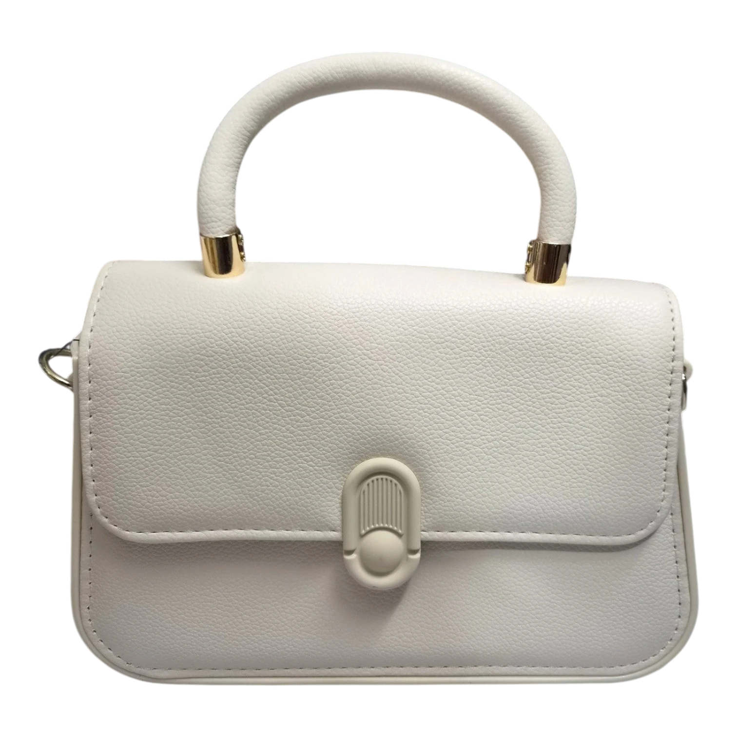 Sheonn cream pebbled faux leather structured top handle handbag with gold-tone hardware and modern clasp closure.