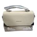 Sheonn cream textured satchel handbag with top handle, flap closure, metallic corner accents, and front buckle details.