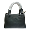 Sheonn black synthetic leather Emelie structured handbag with top handles and gold-tone logo detail.