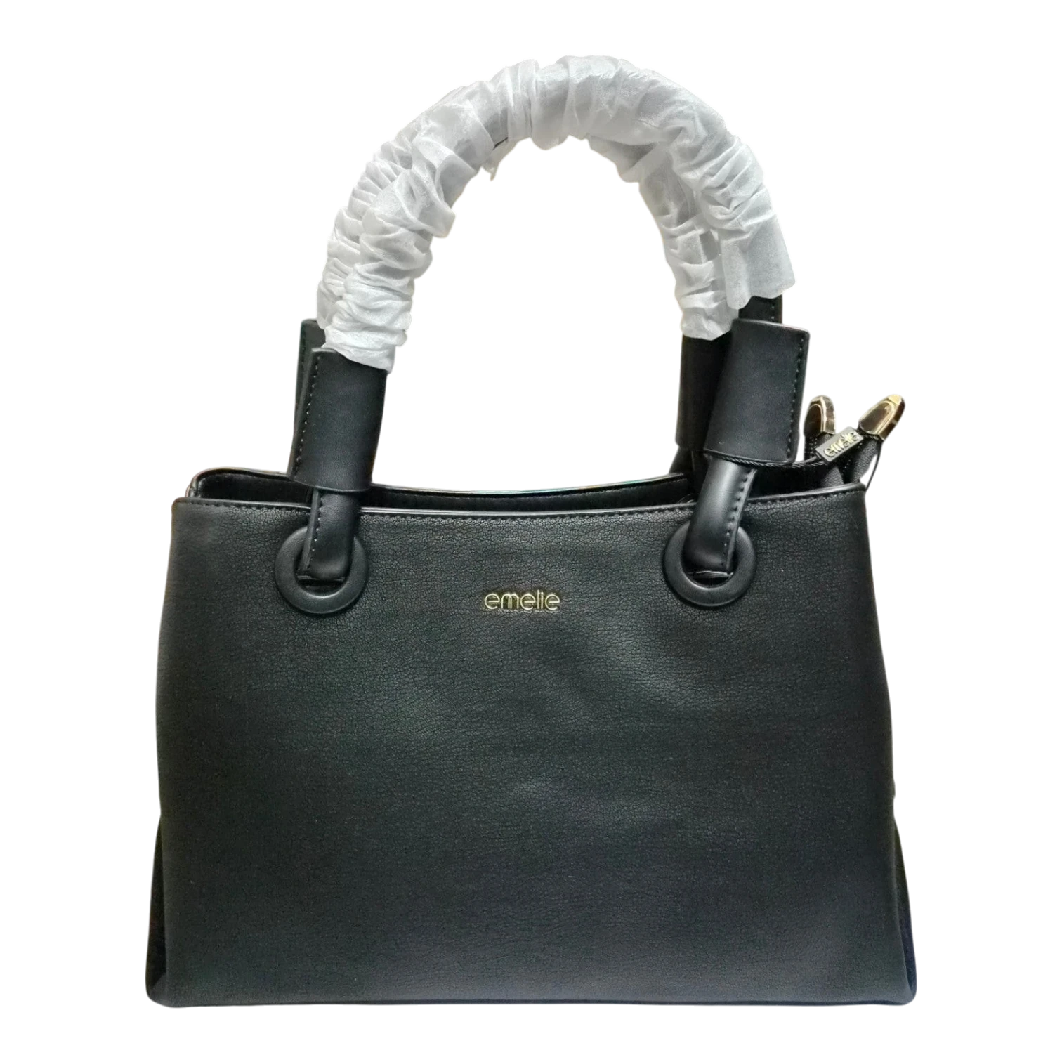 Sheonn black synthetic leather Emelie structured handbag with top handles and gold-tone logo detail.