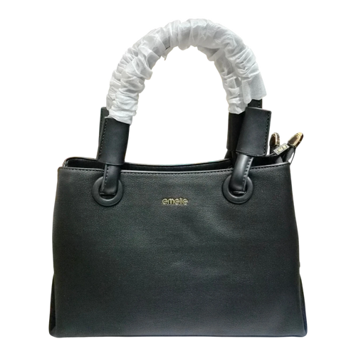 Sheonn black synthetic leather Emelie structured handbag with top handles and gold-tone logo detail.