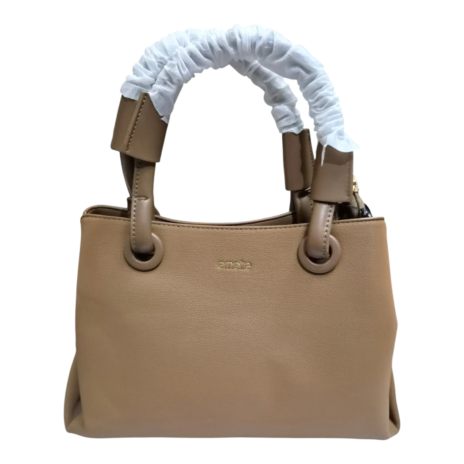 Sheonn emelle tan synthetic leather structured top handle handbag with gold-toned branding and protective handle wrap.