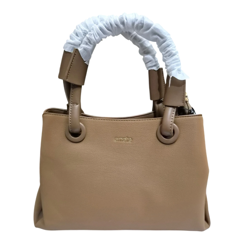 Sheonn emelle tan synthetic leather structured top handle handbag with gold-toned branding and protective handle wrap.