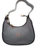 Sheonn grey textured crescent shoulder bag with gold-tone hardware and a sleek hobo silhouette.