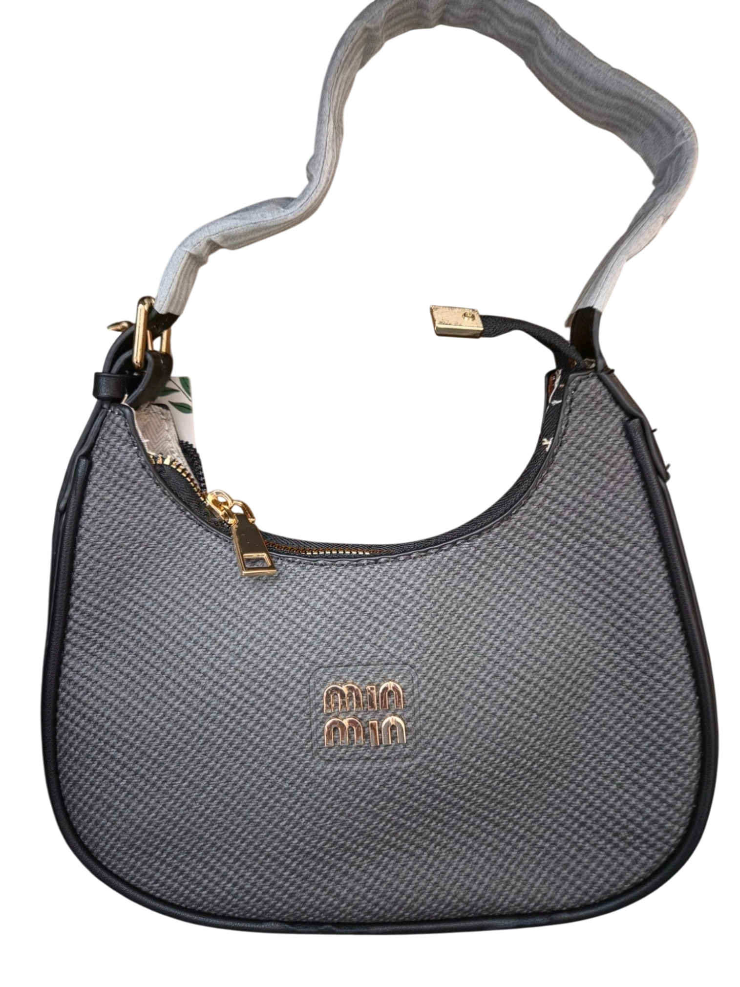 Sheonn grey textured crescent shoulder bag with gold-tone hardware and a sleek hobo silhouette.