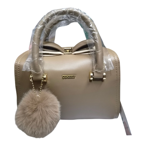 Sheonn IMEERY taupe structured handbag with a bow detail, gold hardware, and a matching faux-fur pom-pom charm.