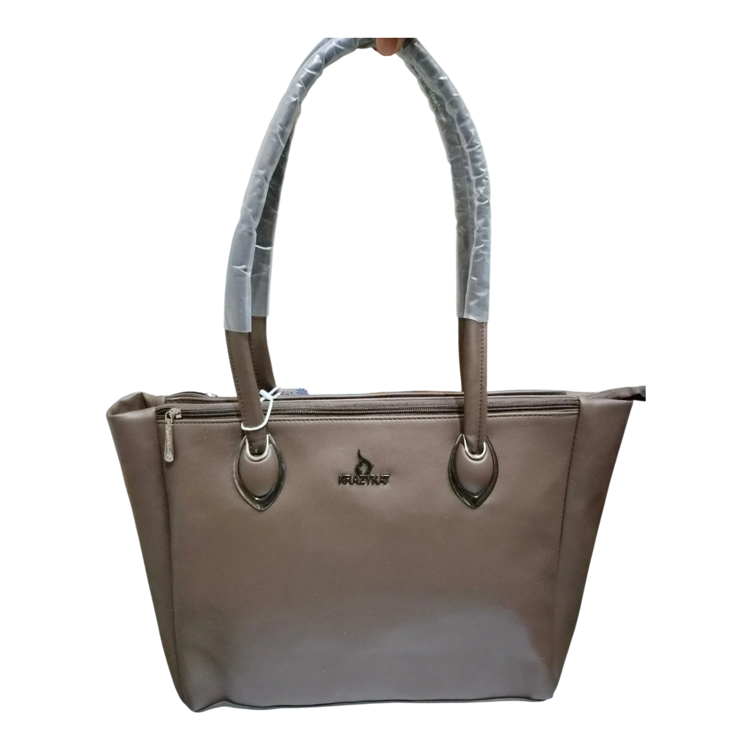 Sheonn KRAZYKAT brown synthetic leather shoulder tote handbag with metallic logo and reinforced straps.