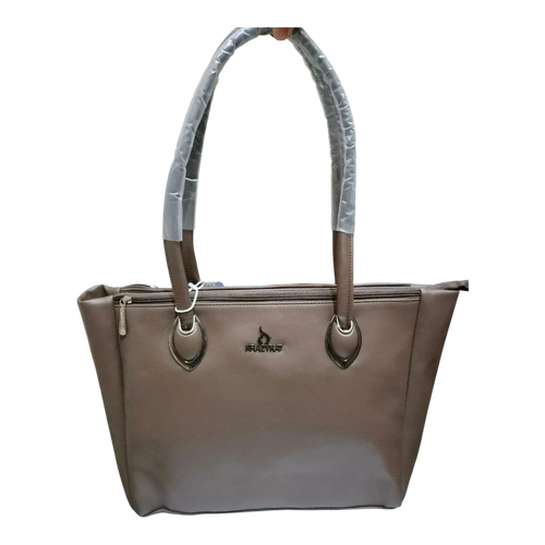 Sheonn KRAZYKAT brown synthetic leather shoulder tote handbag with metallic logo and reinforced straps.