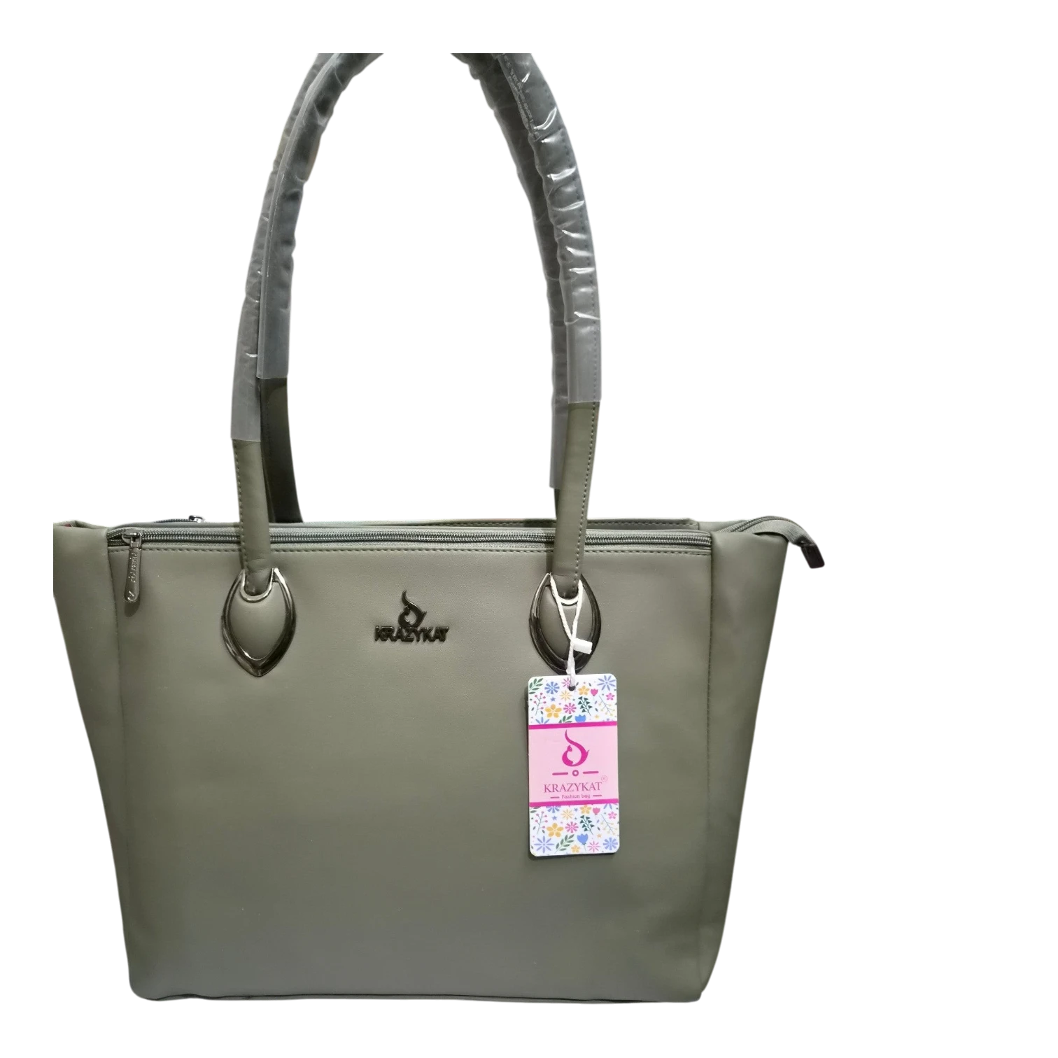 Sheonn olive-green KRAZYKAT synthetic leather tote bag with metallic hardware and protective handle wrapping.