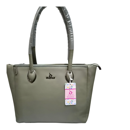 Sheonn olive-green KRAZYKAT synthetic leather tote bag with metallic hardware and protective handle wrapping.