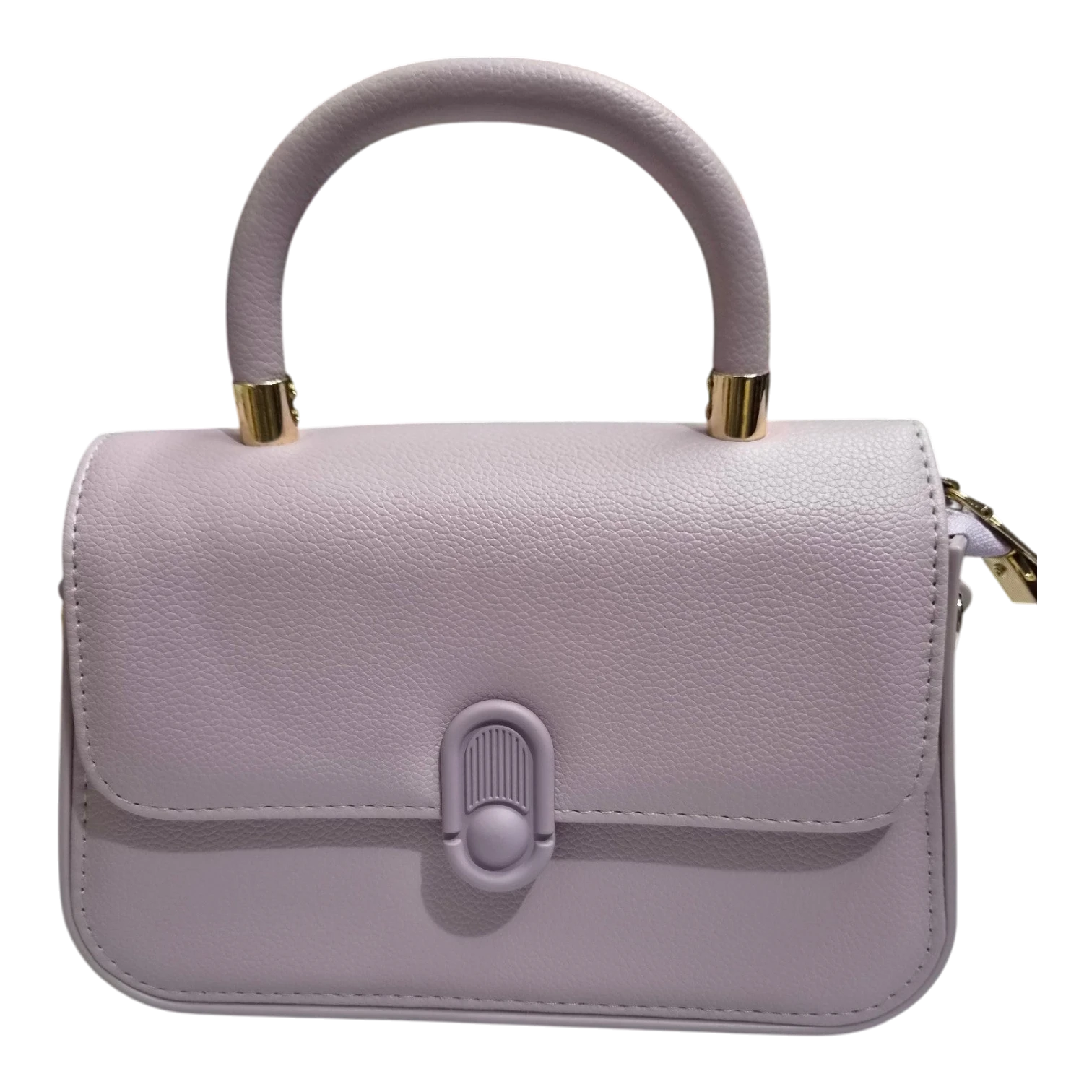 Sheonn lavender pebbled synthetic leather satchel handbag with gold-tone hardware and top handle.